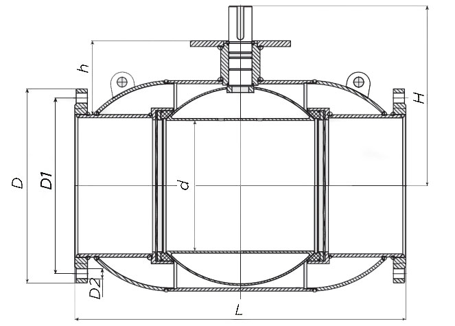 Эскиз размеров крана шарового Also КШ.Ф.Р.200.25-01 Ду200 Ру25 стандартнопроходной, фланцевый
