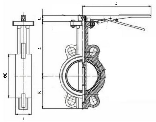 Затвор дисковый поворотный Benarmo Ду150 Ру10/16 чугунный диск и корпус, межфланцевый, уплотнение - EPDM, с рукояткой