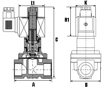 Клапан электромагнитный соленоидный двухходовой DN.ru-DHD31-NO пилотного действия (НО) Ду15-13 (1/2 дюйм), Ру13 резьба G, корпус - латунь, уплотнение - EPDM, с катушкой 0545A 24В
