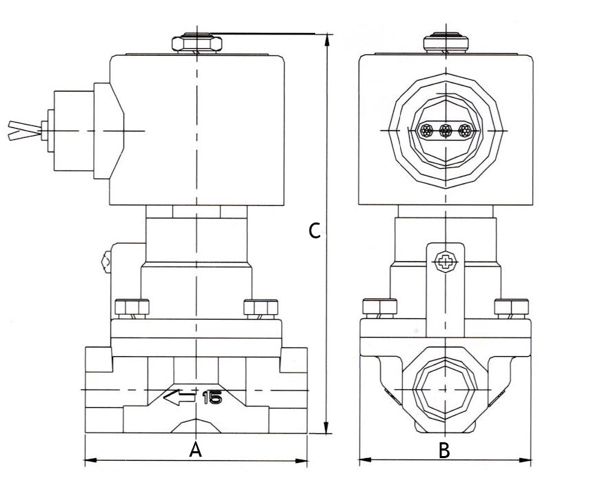 Клапан электромагнитный соленоидный двухходовой поршневый DN.ru-V2W-1000P-NC Ду40 (1 1/2 дюйм), Ру0.4-16 корпус - латунь, уплотнение - PTFE, резьба G, с катушкой 220В