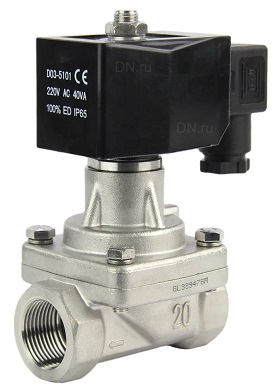 Клапан электромагнитный соленоидный двухходовой DN.ru-VS2W-701 P-Z-NC Ду15 (1/2 дюйм) Ру10 с нулевым перепадом давления, нормально закрытый, корпус - сталь 304, уплотнение - PTFE, резьба G, с катушкой YS-018 24В