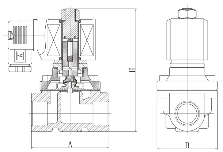 Клапан электромагнитный соленоидный двухходовой DN.ru-DW21-NO-S прямого действия (НО) Ду20-20 (3/4 дюйм), Ру10 корпус - сталь 304, уплотнение - NBR, резьба G, с катушкой SD01B 220В