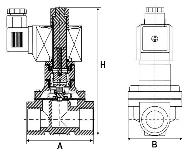 Клапаны электромагнитные соленоидные двухходовые DN.ru-DW21-NO-S прямого действия (НО) Ду10-50 (3/8-2 дюйм) Ру10, корпус - сталь 304, уплотнение - NBR, резьба G, с катушкой SD01B 24В