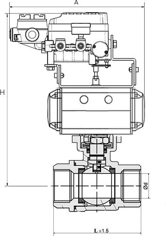 Кран шаровый DN.RU КШМП.316.230-ISO Ду25 Ру63 SS316 нержавеющий, полнопроходной, муфтовый, с пневмоприводом DN.RU-DA-065 двойного действия, с электропневматическим поворотным позиционером DN.ru YT-1000RSI с обратной связью