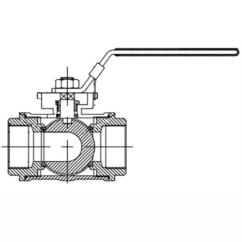 Кран шаровой нержавеющий 3-ходовой T-тип стандартнопроходной DN.RU RP.SS316.200.MM.025-ISO 1″ Ду25 Ру63, муфтовый, материал корпуса - нержавеющая сталь SS316 с ISO фланцем и рукояткой