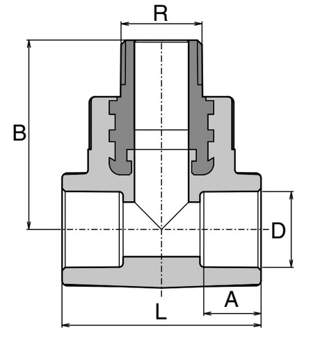 Тройник Ekoplastik STKE 3/4″ Дн32x20 Ру25 переходной, резьба - под приварку, корпус - полипропилен PPR