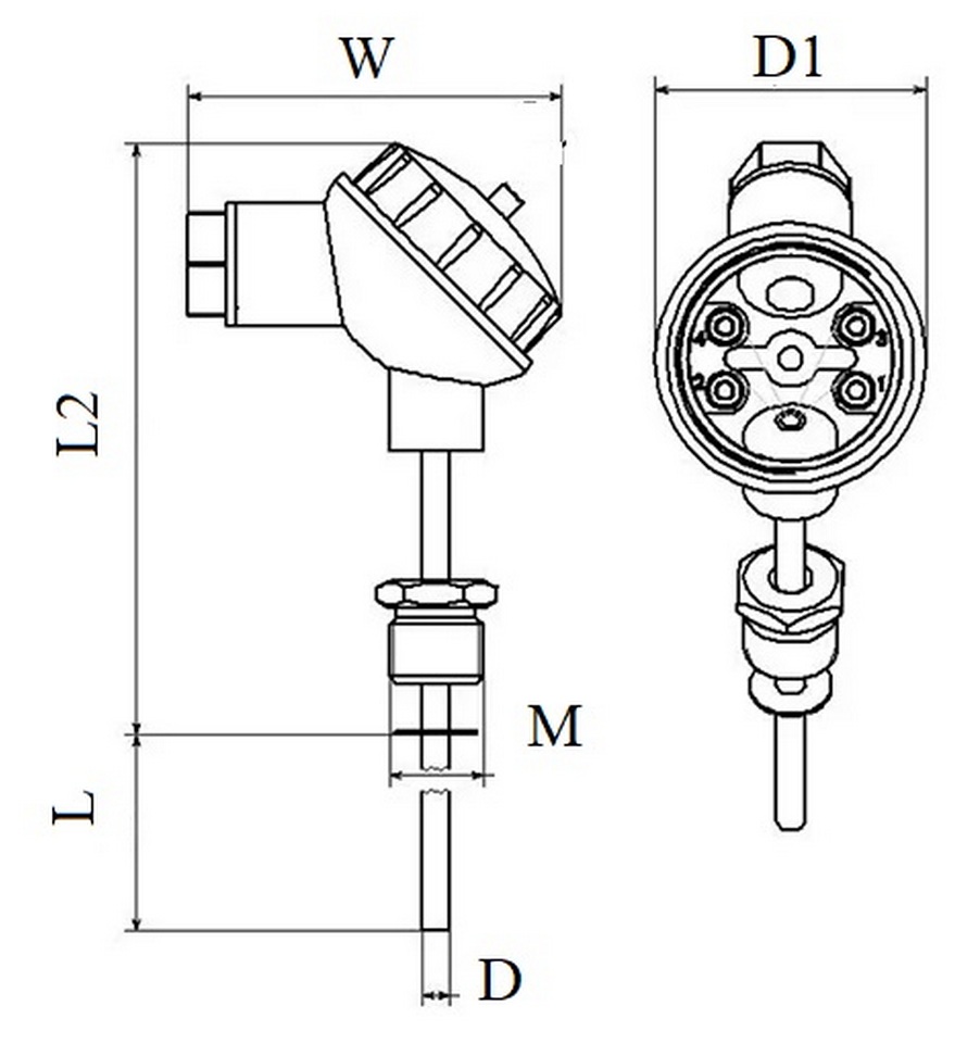 Термопреобразователь сопротивления Прома tsp101-r, платиновый чувствительный элемент, с монтажной гайкой, L 60 мм, Pt100 Ом, класс допуска А, 4 контакта, (-50 °C : +400 °C)