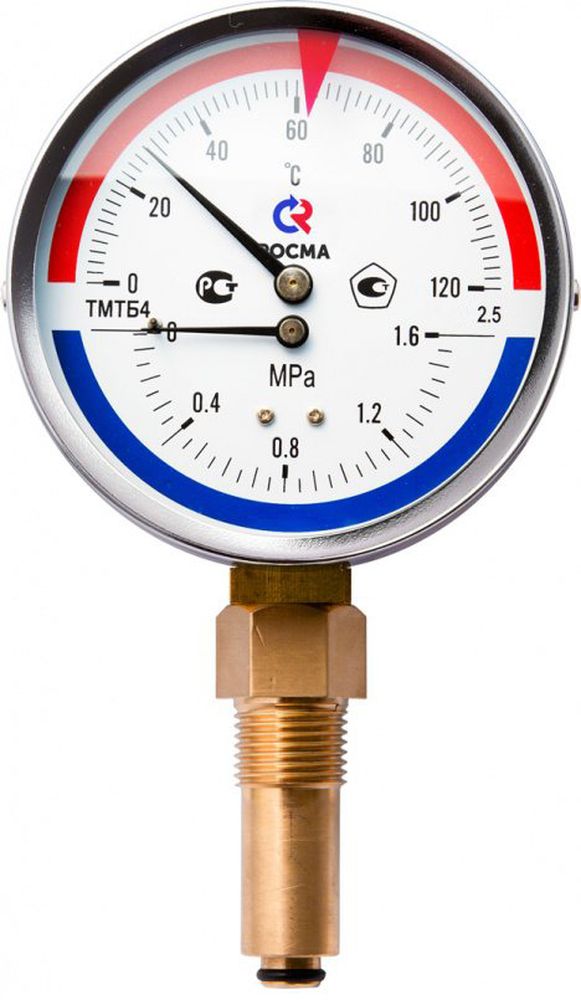 Термоманометр Росма ТМТБ-41Р.1 (0-150С) (0-2,5MПa) G1/2 2,5, корпус 100мм, тип - ТМТБ-41Р.1, длина клапана 46мм,  до 150°С, радиальное присоединение, 0-2,5MПa, резьба G1/2, класс точности 2.5