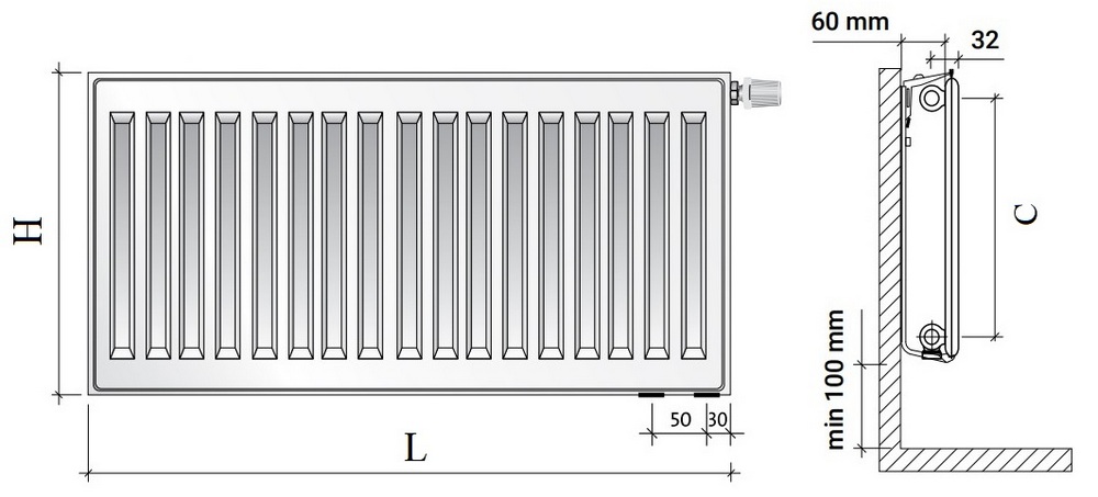 Радиатор панельный Royal Thermo VENTIL HYGIENE VH10 0.492кВт настенный, высота - 500 мм, длина 600 мм, количество панелей - 1, присоединение резьбовое - 1/2″, подключение - нижнее левое, гигиеническое исполнение, стальной, цвет - белый RAL-9016