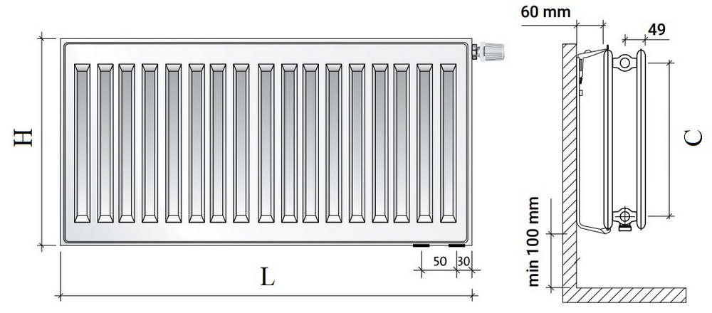 Радиатор панельный Royal Thermo VENTIL HYGIENE VH20 2.369кВт настенный, высота - 600 мм, длина 1400 мм, количество панелей - 2, присоединение резьбовое - 1/2″, подключение - нижнее (левое-правое), гигиеническое исполнение, стальной, цвет - белый RAL-9016