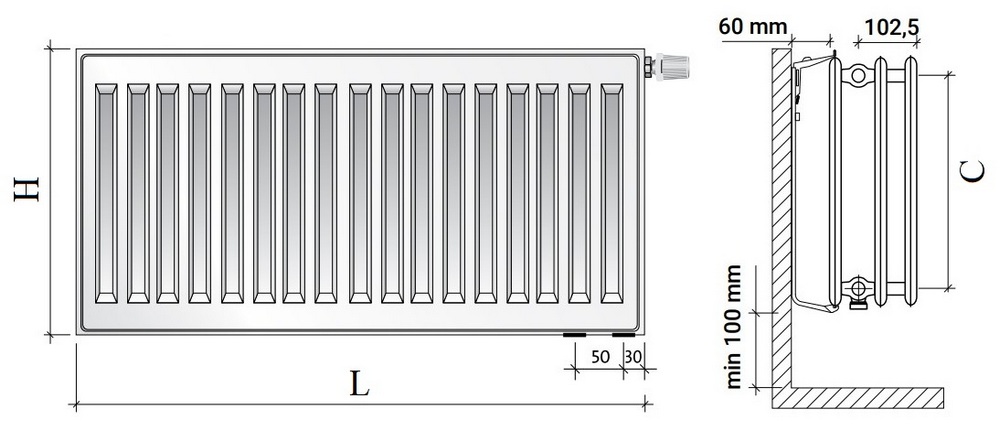 Радиатор панельный Royal Thermo VENTIL HYGIENE VH30 7.176кВт настенный, высота - 600 мм, длина 3000 мм, количество панелей - 3, присоединение резьбовое - 1/2″, подключение - нижнее (левое-правое), гигиеническое исполнение, стальной, цвет - белый RAL-9016