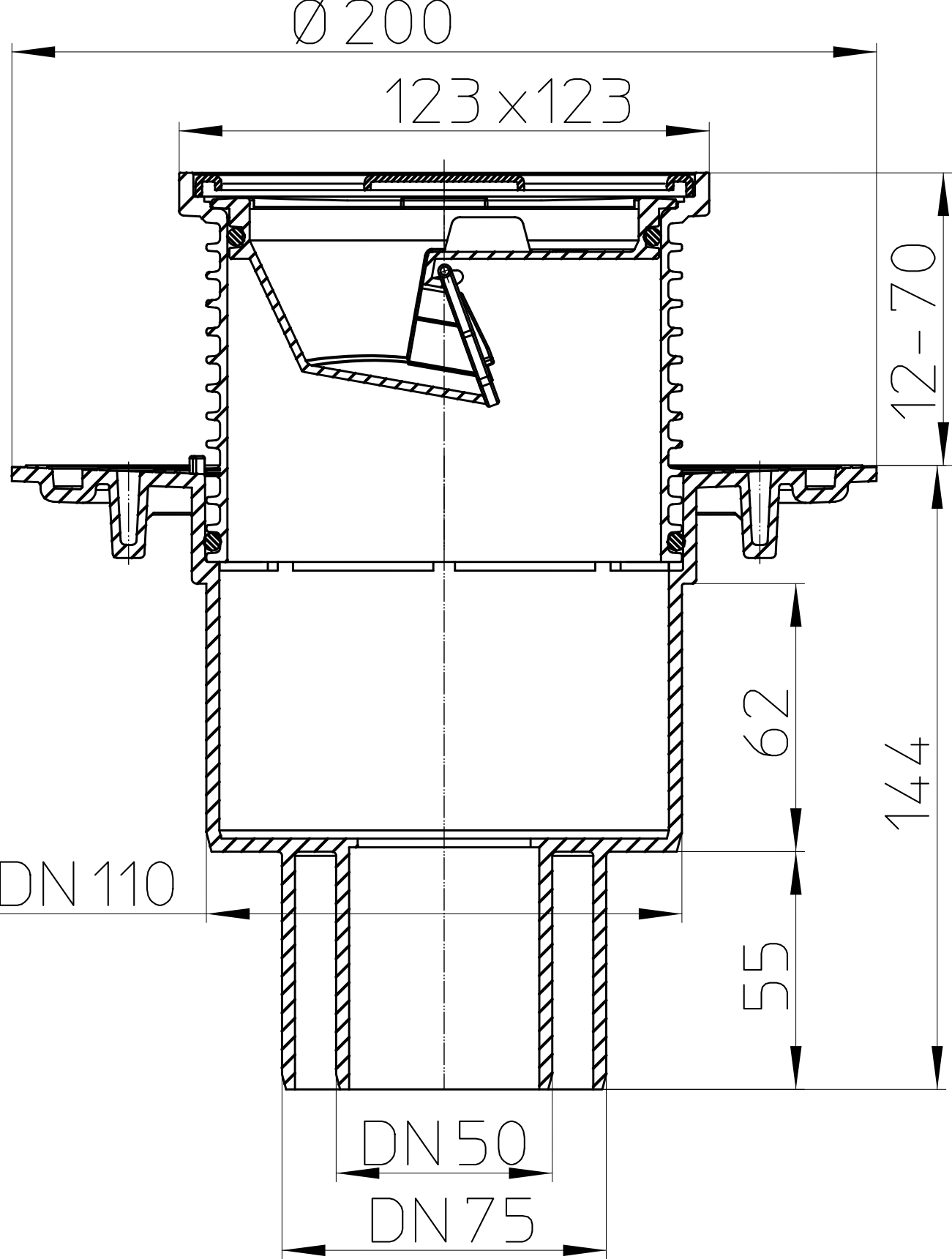 Трап вертикальный HL HL310N.2 Дн50-75-110 регулируемый для балконов и террас, корпус - полипропилен, решетка 115х115 мм - нержавеющая сталь