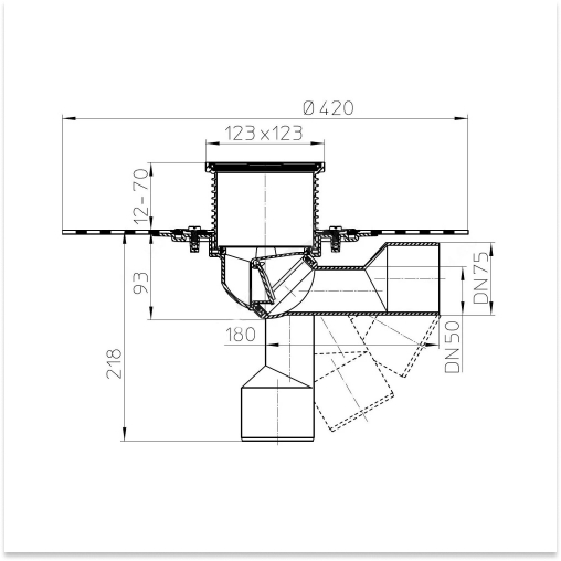 Трап регулируемый HL HL80 Дн50/75 115x115мм нержавеющая решетка, сухой затвор, полимербитумное полотно, горизонтальный/вертикальный выпуск, для балконов и террас