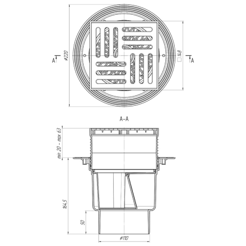 Трап регулируемый АНИ Пласт TQ17 Дн110 150x150мм пластиковая решетка, сухой затвор, вертикальный выпуск