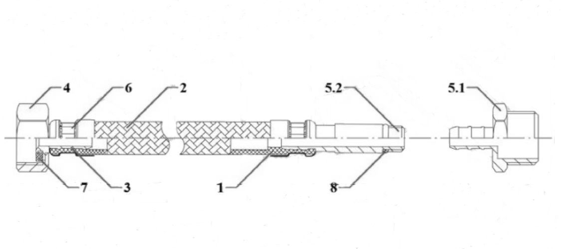 Гибкая подводка для смесителя AQUALINE Ру10 с латунной накидной гайкой 1/2″, оплетка - нержавеющая сталь, длина - 0.8м, гайка / штуцер, резьба внутренняя-наружная