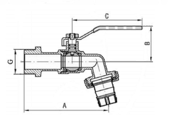 Эскиз Кран шаровой водоразборный AQUALINK 1/2″ Ду15 Ру16 стандартнопроходной, никелированный, наружная резьба/штуцер, ручка-рычаг, с насадкой для шланга (01323)