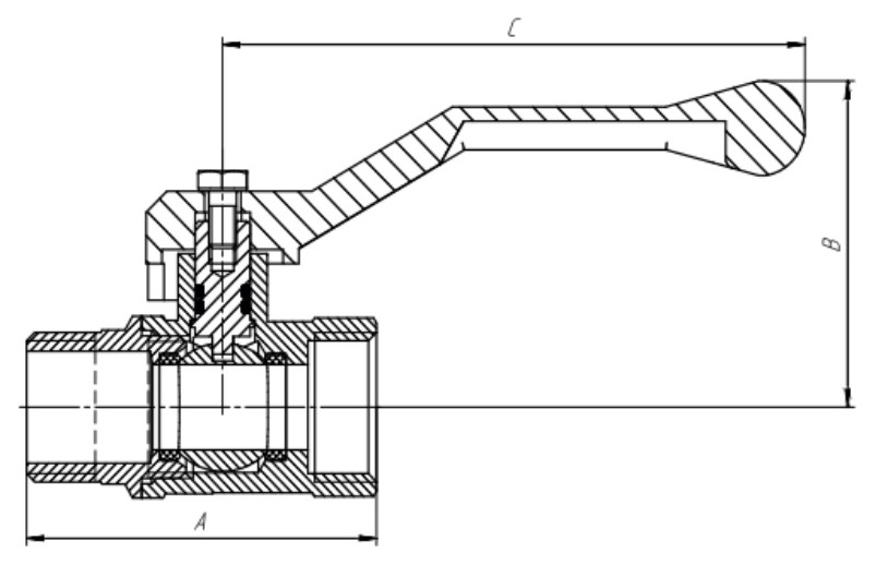Кран шаровой AQUALINK ВР-НР 1″ Ду25 Ру16 неполнопроходной муфтовый, латунный, внутренняя/наружная резьба, управление ручка-рычаг