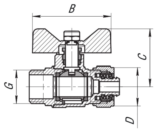 Кран шаровой AQUALINK НР-штуцер 1/2″x20 Ду20x1/2″ Ру10 неполнопроходной муфтовый со сгоном для МП труб, латунный, компрессионное/наружная резьба, управление ручка-бабочка