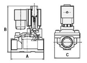 Эскиз габариты Клапан электромагнитный АСТА ЭСК 600 1/2″ Ду15 проходное сечение 13 мм НЗ пилотный нержавеющая сталь, уплотнение плунжера - NBR, мембрана - NBR, 230В, 0.5 — 16 бар