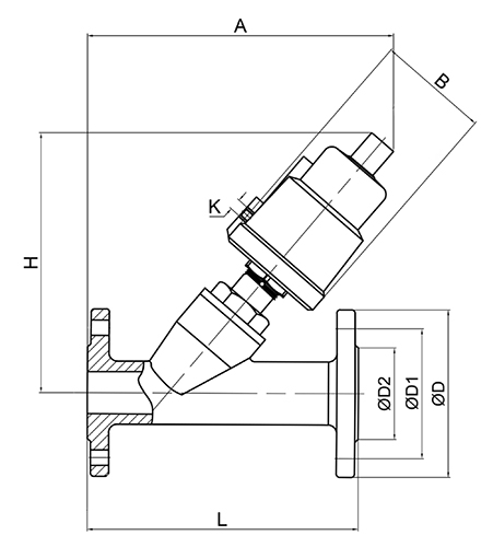 Клапан запорно-регулирующий АСТА Р12 Ду50 Ру16 нормально закрытый, фланцевый, с нержавеющим пневмоприводом ППП-100, Kvs=55.0 м3/ч, Т=220°С