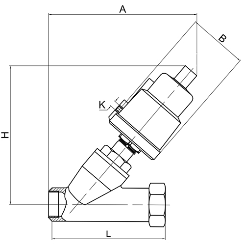 Клапан запорно-регулирующий АСТА Р12 Ду15 Ру16 нормально закрытый, резьбовой, с нержавеющим пневмоприводом ППП-50, Kvs=4,2 м3/ч, Т=220°С