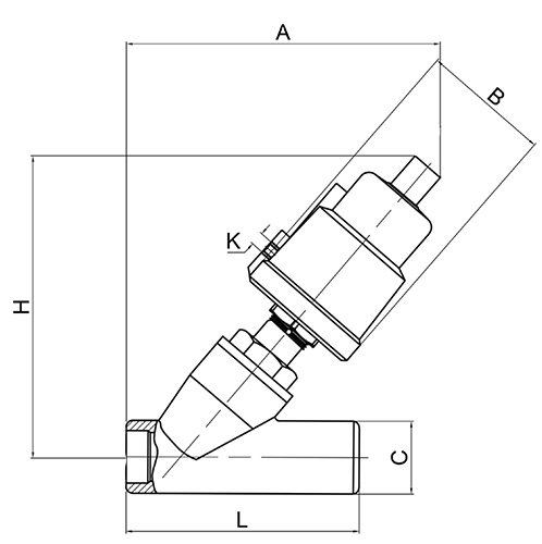 Клапан запорно-регулирующий АСТА Р12П Ду50 Ру16 нормально закрытый, под приварку, с пластиковым пневмоприводом ППП-100, Kvs=55,0 м3/ч, Т=200°С