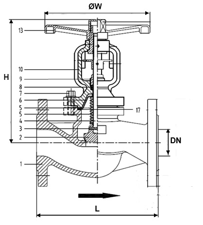 Клапан запорный сильфонный АСТА В333 Ду40 Ру40, стальной, фланцевый, уплотнение - METAL-METAL, Tмакс=400°С