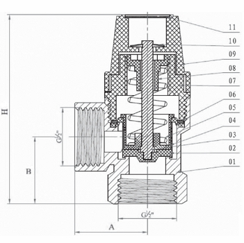 Эскиз Клапан предохранительный пружинный Benarmo 1/2″ Ду15 Ру16 латунный, угловой, внутренняя резьба, давление срабатывания 6 бар