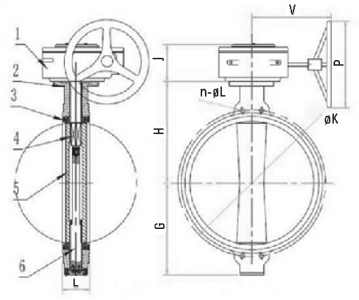 Эскиз Затвор дисковый поворотный Benarmo Ду150 Ру16 чугунный диск и корпус, межфланцевый с редуктором