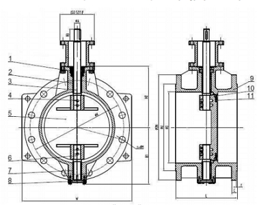 Эскиз Затвор дисковый поворотный Benarmo Ду500 Ру10 чугунный диск и корпус, межфланцевый с редуктором, с двойным эксцентриситетом