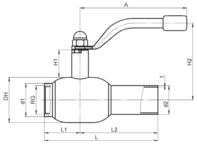 Кран шаровый Broen Ballomax-КШТ60.101А.40 Ду10 Ру40 стандартнопроходный с плавающим шаром, корпус - сталь, уплотнение - EPDM, внутренняя резьба / сварка, ручка-рычаг