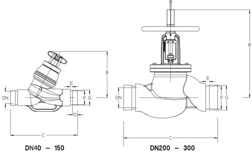 Клапан балансировочный Cimberio 3739G Ду150A Ру16 ручной Kvs=387,8 под приварку, с измерительными ниппелями,  корпус - чугун EN-JL 1040
