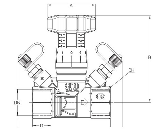 Клапан балансировочный Cimberio 787DP 1/2″ Ду15 Ру25 ручной Kvs=1,75 внутренняя резьба, с тройником для трубки, корпус - латунь CR 