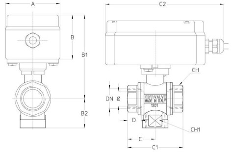 Кран шаровой Cimberio CIM 710 3/4″ Ду20 Ру40 230В трехходовой смесительный с электроприводом, полнопроходной, ВР/ВР/ВР
