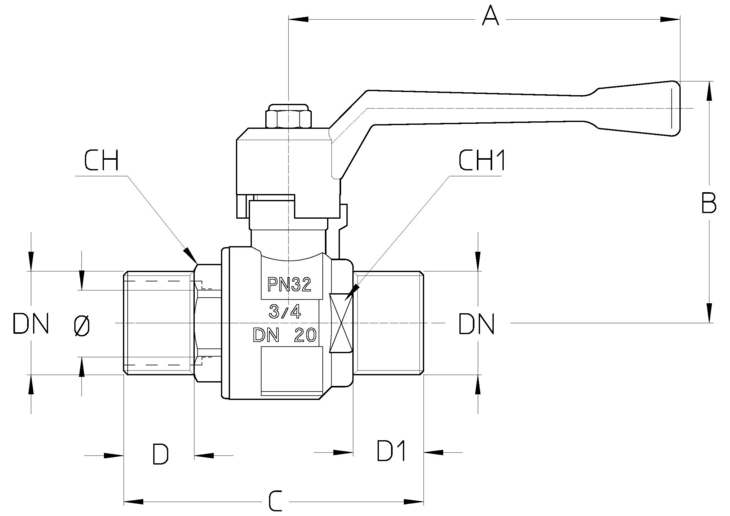 Кран шаровый Cimberio CIM202-14 1.1/2″ Ду40 Ру32 серии Т14, полнопроходный, корпус - никелированная латунь CW617N, уплотнение PTFE, присоединение - наружная резьба, управление - ручка рычаг