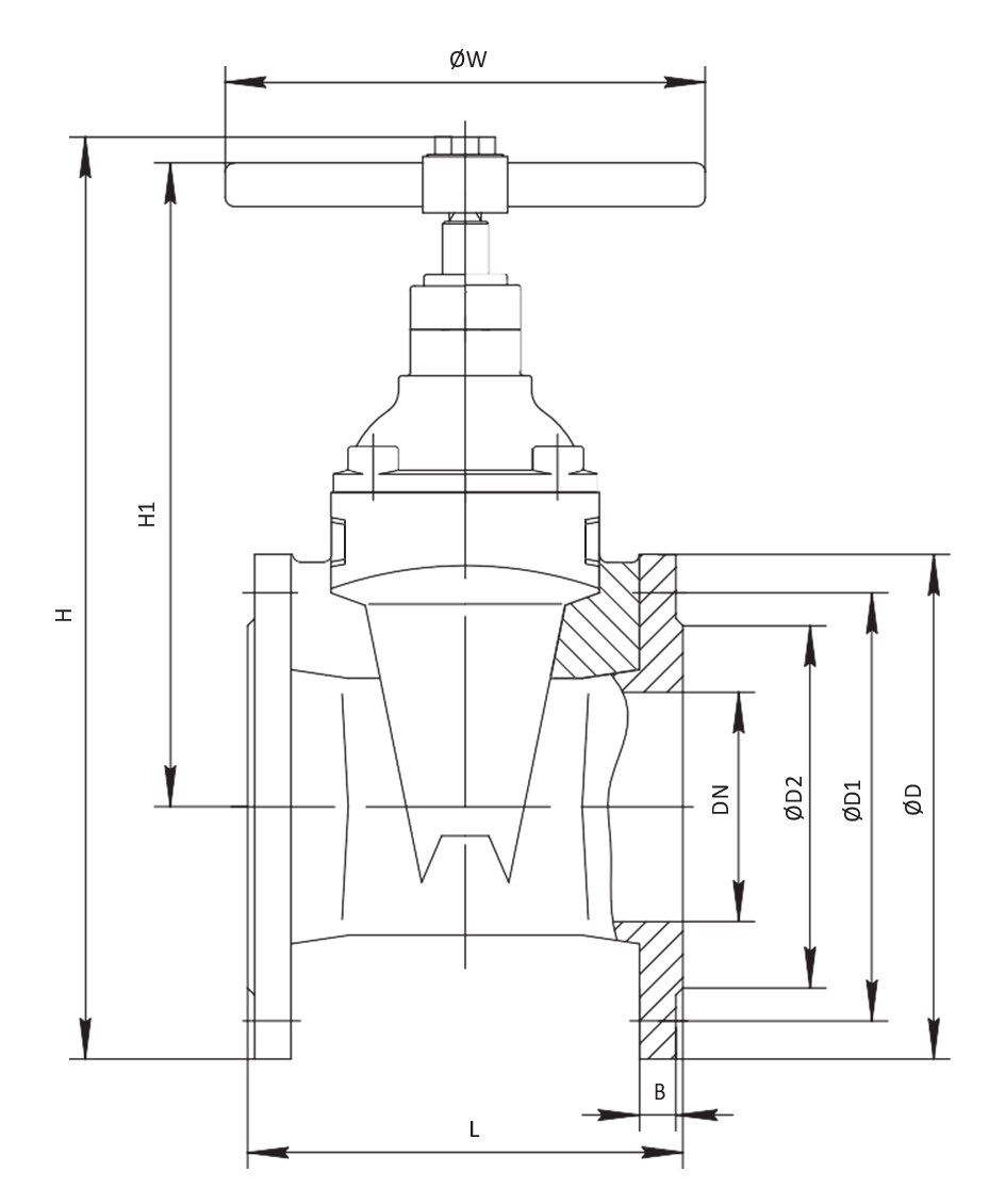 Задвижка клиновая Dendor 47GV.111121.3021.21.40000 Ду150 Ру16 с обрезиненным клином, чугунная, уплотнение - EPDM, фланцевая, со штурвалом и механическим указателем положения