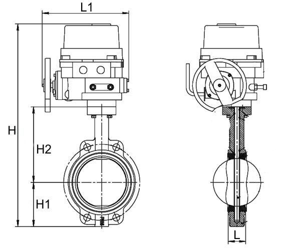 Затвор дисковый поворотный Dendor 017W Ду80 Ру16 межфланцевый, корпус - чугун, диск - нержавеющая сталь, уплотнение - EPDM,с электроприводом неполнооборотным QT 220В