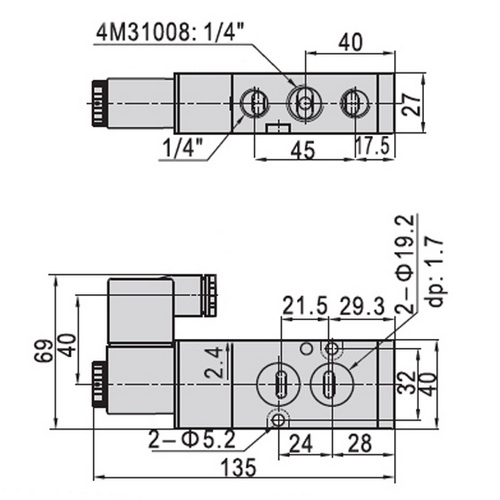 Краны шаровые нержавеющие 3-ходовые T-тип стандартнопроходные DN.ru RP.SS316.200.MM.010(-100)-ISO Ду10-100 Ру63, муфтовые с ISO фланцем с пневмоприводами DN.ru-DA, пневмораспределителем 4M310-08 24В и ручным дублером HDM