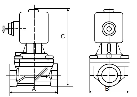 Клапан электромагнитный соленоидный двухходовой DN.ru-VS2W-700 P-Z-NC Ду15 (1/2 дюйм) Ру10 с нулевым перепадом давления, нормально закрытый, корпус - латунь, уплотнение - PTFE, резьба G, с катушкой YS-018 24В