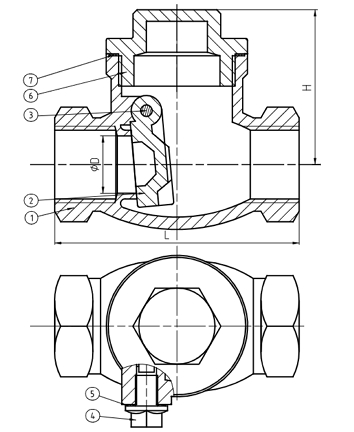 Эскиз Клапан обратный поворотный DN.ru-SCV-316 1ʺ Ду25 Ру16 резьбовой из нержавеющей стали