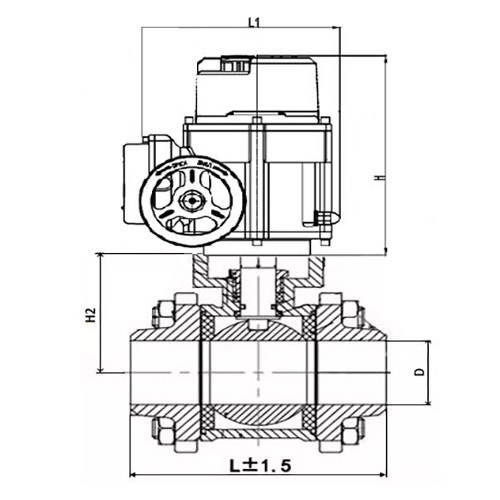 Кран шаровой DN.ru КШПП 316.200-ISO Ду65 Ру63 SS316 полнопроходной под приварку, корпус - нержавеющая сталь с 1/4-оборотным электроприводом DN.ru QT-W (M) EX-005 220В