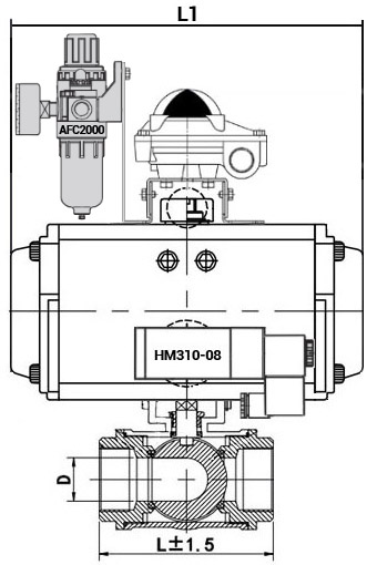 Кран шаровой нержавеющий 3-ходовой T-тип стандартнопроходной DN.ru RP.SS316.200.MM.015-ISO Ду15 Ру63 SS316 муфтовый с ISO фланцем, пневмоприводом DA-052, пневмораспределителем 4M310-08 24 В, БКВ APL-210N и БПВ AFC2000