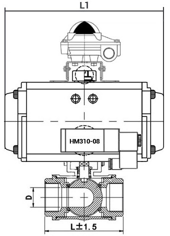 Кран шаровой нержавеющий 3-ходовой L-тип стандартнопроходной DN.ru RP.SS316.200.MM.080-ISO Ду80 Ру63 SS316 муфтовый, пневмоприводом SA-105, пневмораспределителем 4M310-08 220В и блоком концевых выключателей APL-210N