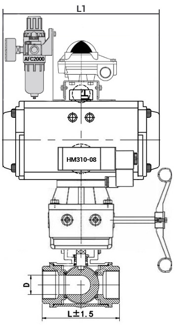 Кран шаровой нержавеющий 3-ходовой T-тип стандартнопроходной DN.ru RP.SS316.200.MM.020-ISO Ду20 Ру63 SS316 муфтовый с ISO фланцем, пневмоприводом DA-052, пневмораспределителем 4M310-08 24 В, БКВ APL-210N, ручным дублером HDM-1 и БПВ AFC2000