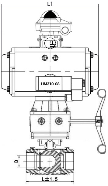 Кран шаровой нержавеющий 3-ходовой T-тип стандартнопроходной DN.ru RP.SS316.200.MM.025-ISO Ду25 Ру63 SS316 муфтовый, пневмоприводом DA-065, пневмораспределителем 4M310-08 24В, БКВ APL-410N EX и ручным дублером HDM-1