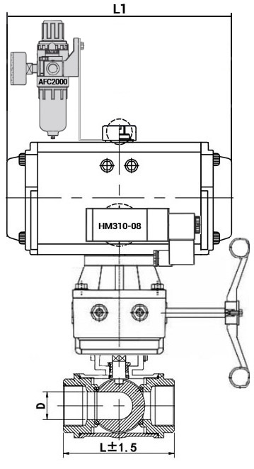 Кран шаровой нержавеющий 3-ходовой T-тип стандартнопроходной DN.ru RP.SS316.200.MM.020-ISO Ду20 Ру63 SS316 муфтовый с ISO фланцем, пневмоприводом SA-052, пневмораспределителем 4M310-08 220 В, ручным дублером HDM-1 и БПВ AFC2000