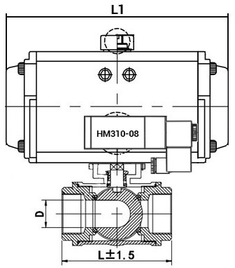 Кран шаровой нержавеющий 3-ходовой L-тип стандартнопроходной DN.ru RP.SS316.200.MM.080-ISO Ду80 Ру63 SS316 муфтовый c пневмоприводом DN.ru DA-083 c пневмораспределителем DN.ru 4M310-08 24В