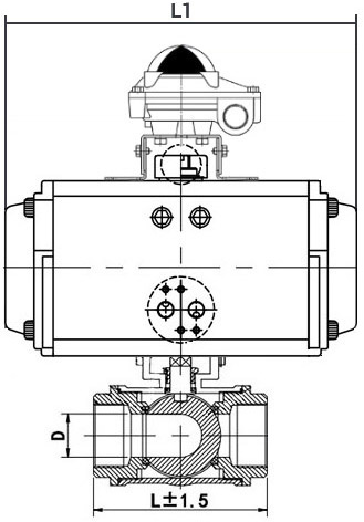 Кран шаровой нержавеющий 3-ходовой L-тип стандартнопроходной DN.ru RP.SS316.200.MM.100-ISO Ду100 Ру63 SS316 муфтовый, пневмоприводом DA-083 и блоком концевых выключателей APL-210N