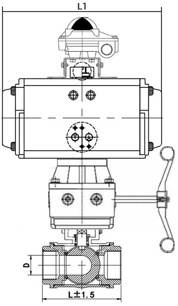 Кран шаровой нержавеющий 3-ходовой L-тип стандартнопроходной DN.ru RP.SS316.200.MM.080-ISO Ду80 Ру63 SS316 муфтовый, пневмоприводом DA-083, БКВ APL-210N и ручным дублером HDM-2
