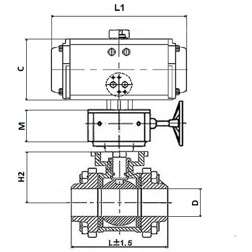 Кран шаровой DN.ru КШПП 316.200-ISO Ду15 Ру63 SS316 полнопроходной под приварку, корпус - нержавеющая сталь с пневмоприводом DN.ru DA-052 и ручным дублером HDM-1